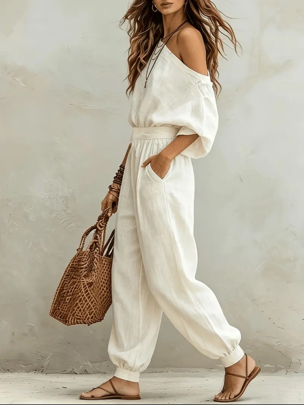 Women’s Boho Off-shoulder Two-piece Set, High-waist Loose Pants, Beach Outfit